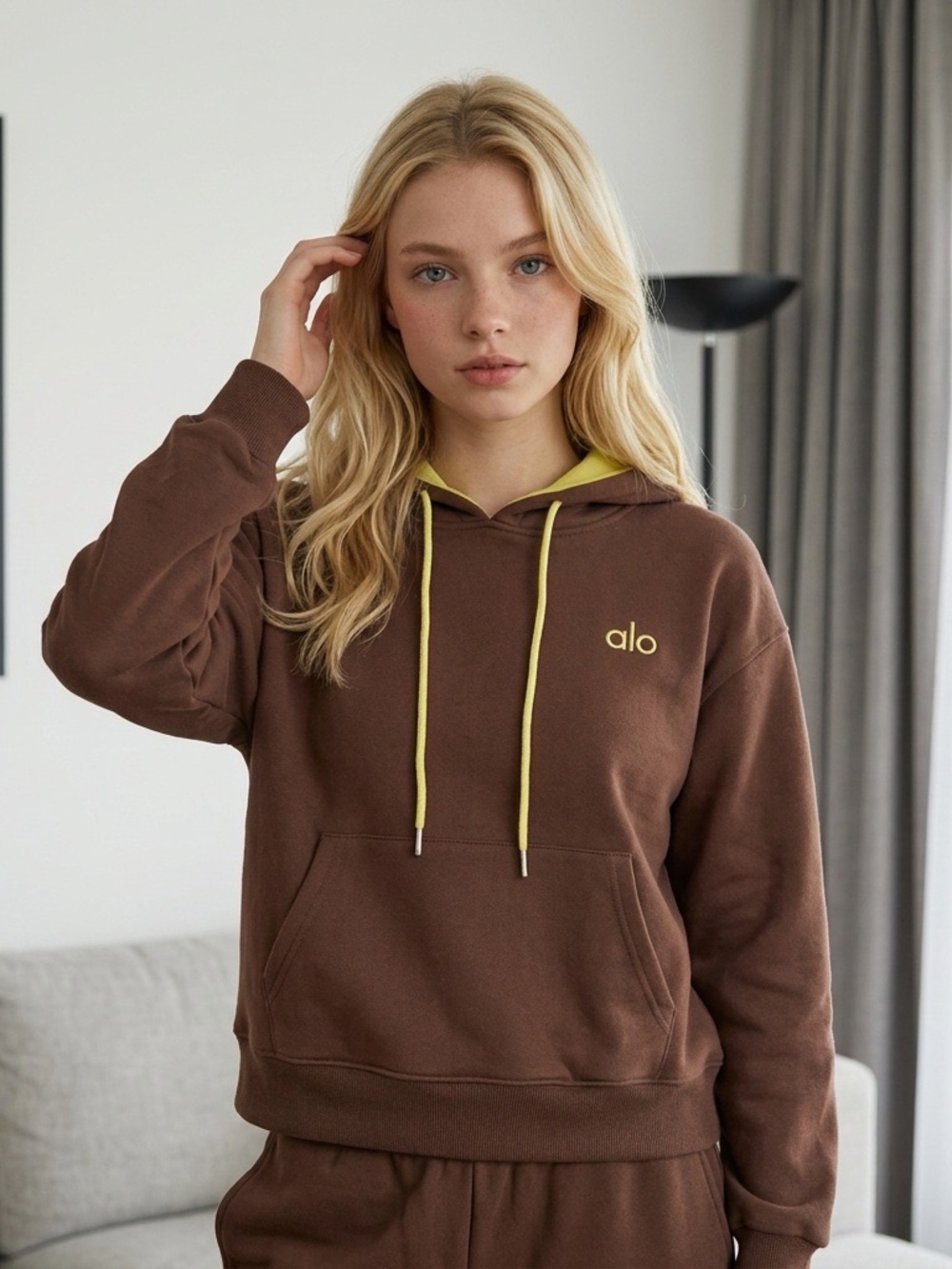 ALO Yoga Brown Hoodie with Yellow Trim